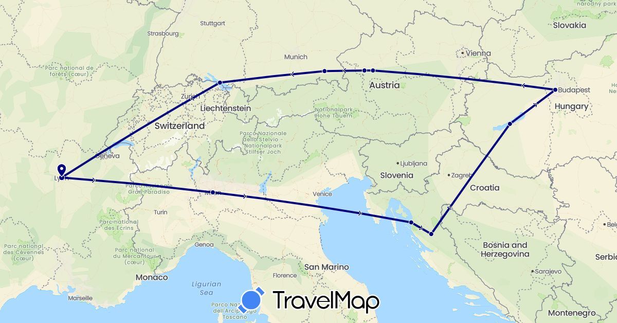 TravelMap itinerary: driving in Austria, Germany, France, Croatia, Hungary, Italy (Europe)
